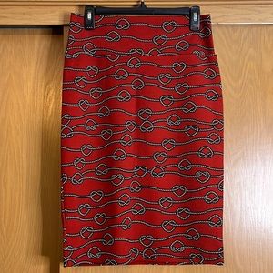 Lularoe red pencil skirt with a rope heart pattern, size medium